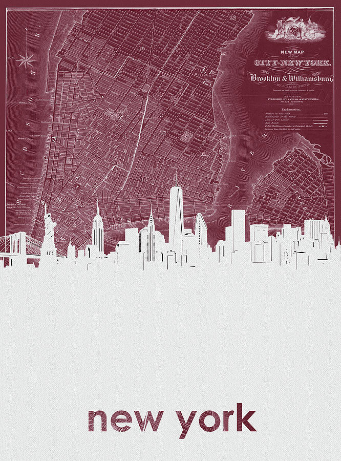 New York Skyline Map Red Digital Art