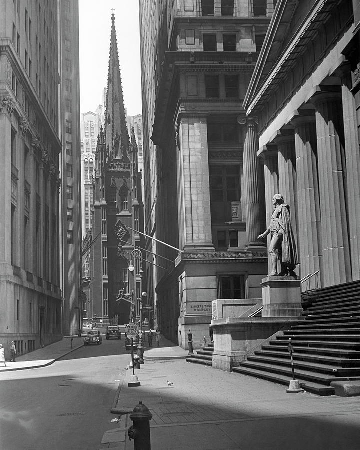 New York. View Up Wall St. Of Trinity Ch Photograph by George Marks