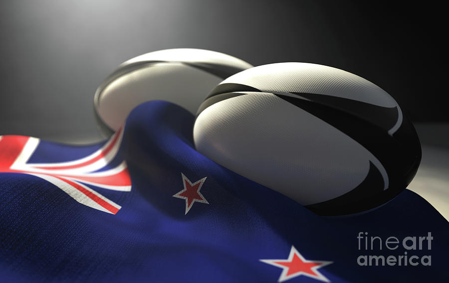 Ball Digital Art - New Zealand Flag And Rugby Ball Pair by Allan Swart