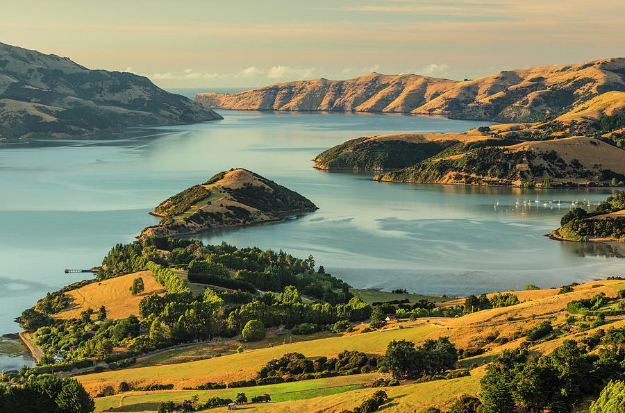 Sunset Digital Art - New Zealand, South Island, Canterbury, Oceania, Pacific Ocean, Australasia, Banks Peninsula, View Of Akaroa Bay In The Evening by Markus Lange