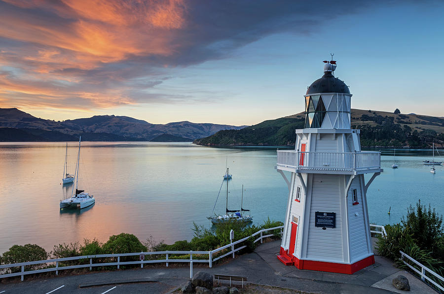 Image Digital Art - New Zealand, South Island, Canterbury, Oceania, Pacific Ocean, Banks Peninsula, Lighthouse In The Bay Of Akaroa, Banks Peninsula by Roland Gerth