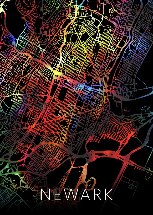 Newark Mixed Media - Newark New Jersey City Watercolor Street Map Dark Mode by Design Turnpike