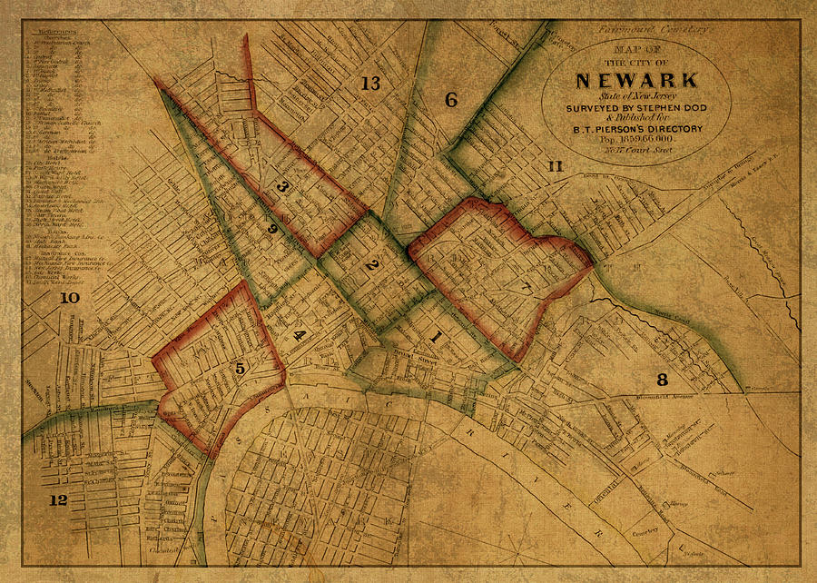 Newark New Jersey Vintage City Street Map 1859 Design Turnpike 