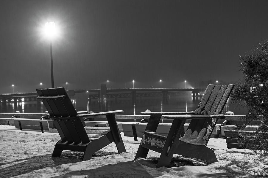 Newburyport MA Adirondack Chairs  Snowstorm at night Merrimac River Black and White Photograph by Toby McGuire