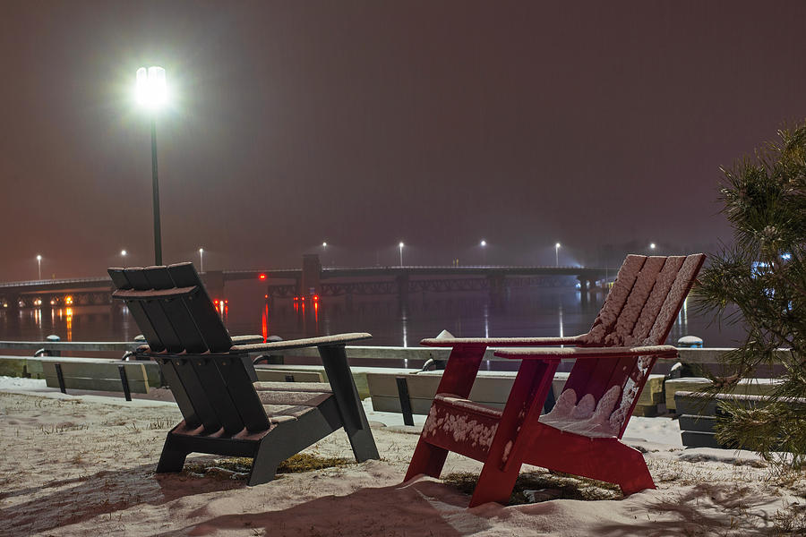 Newburyport MA Adirondack Chairs  Snowstorm at night Merrimac River Photograph by Toby McGuire
