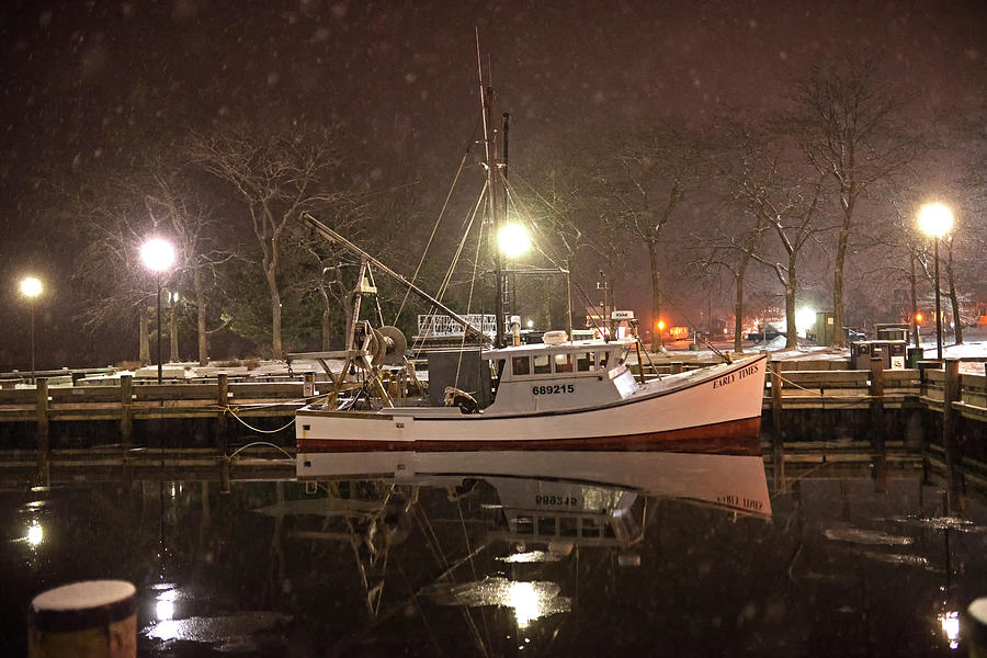Newburyport MA Snowstorm at night Merrimac River Boat Reflection Photograph by Toby McGuire