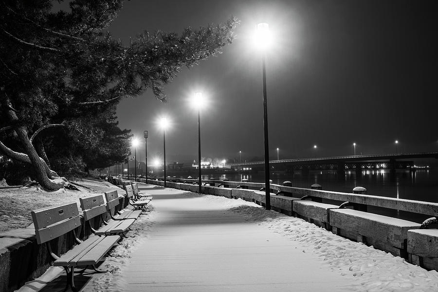 Newburyport MA Snowstorm at night Merrimac River Lights Black and White Photograph by Toby McGuire
