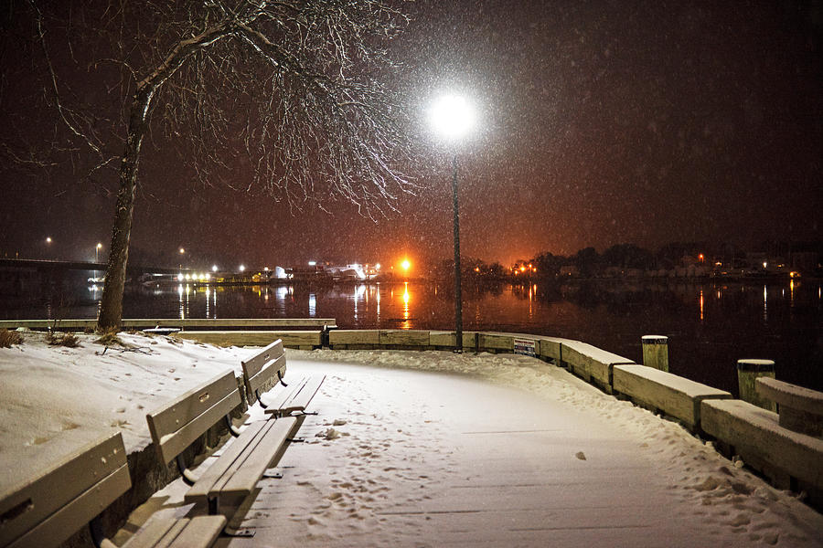 Newburyport MA Snowstorm at night Merrimac River Photograph by Toby McGuire
