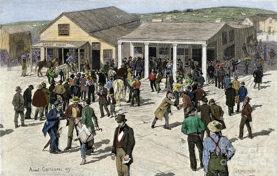 Up Movie Drawing - Newcomers Lining Up For Mail At The Gold Rush, San Francisco Colour Engraving Of The 19th Century by American School