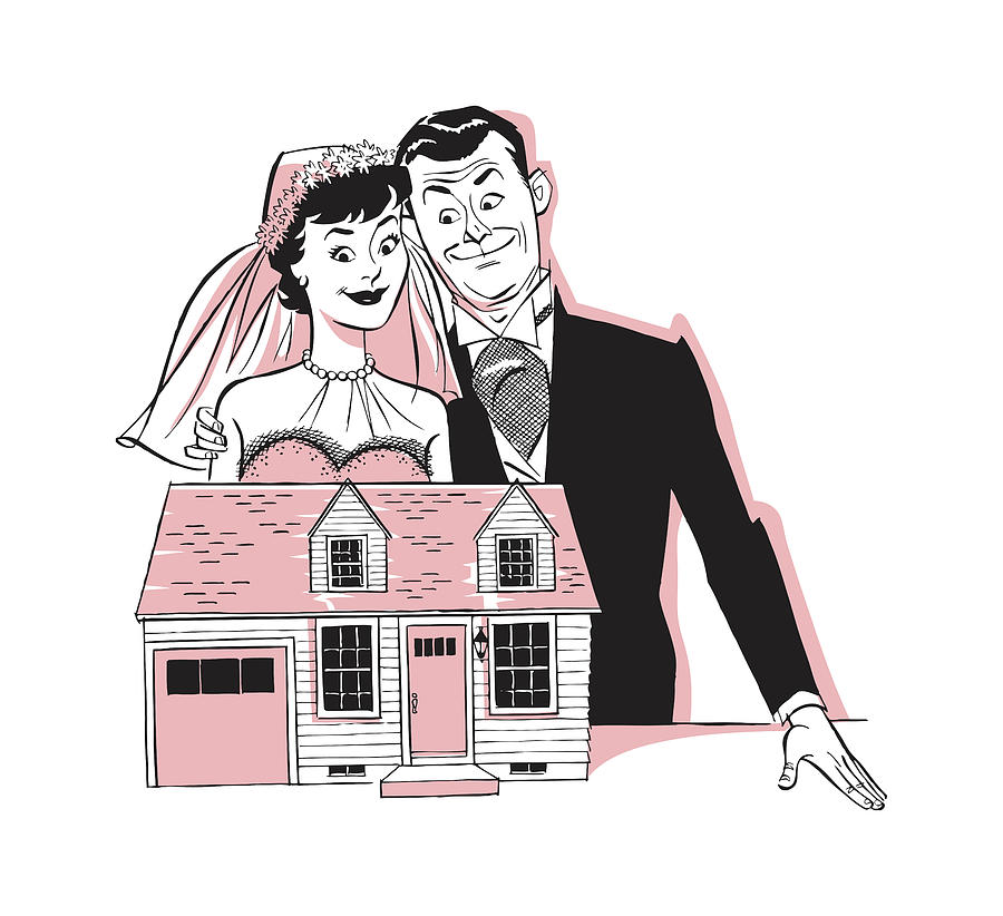Vintage Drawing - Newlyweds in Front of Model of Home by CSA Images