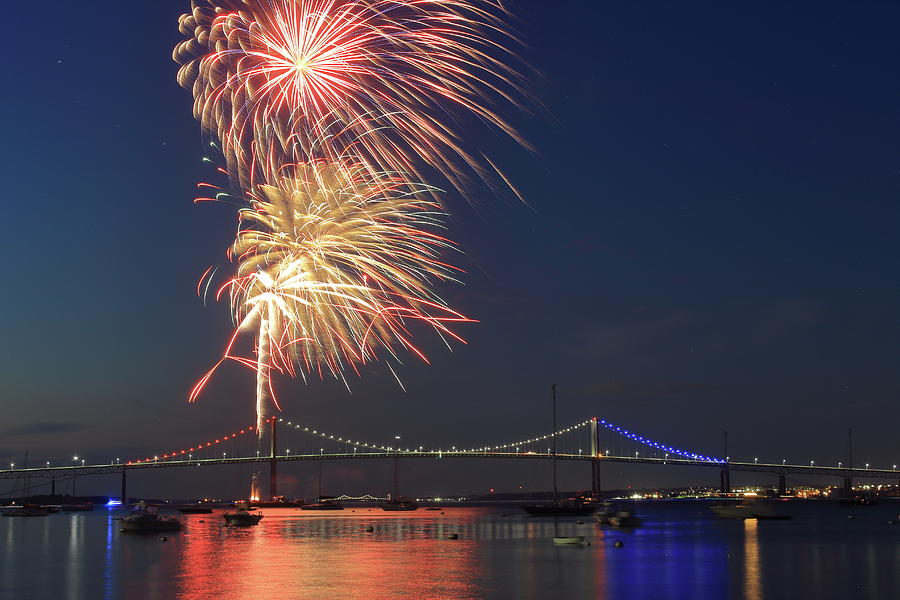Newport Pell Bridge and Jamestown Fireworks Photograph by John Burk
