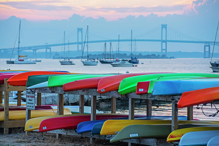 Newport RI King Beach Kayaks Newport Harbor Sunset Pell Bridge Photograph by Toby McGuire