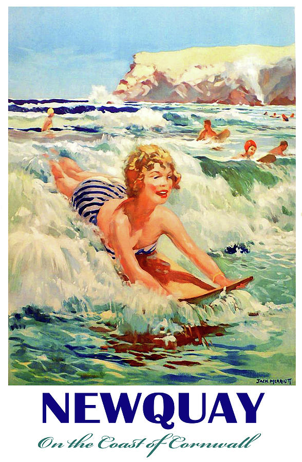 Newquay cornwall uk Vintage painting art Travel Poster Print Framed Canvas
