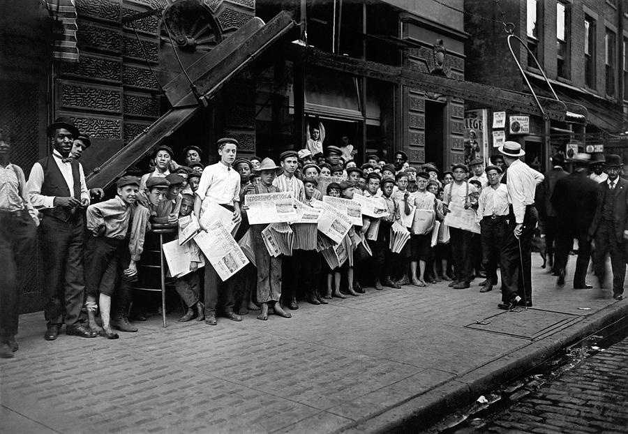 Newsboys Preparing To Work - Lewis Hine - 1908 Photograph by War Is Hell Store