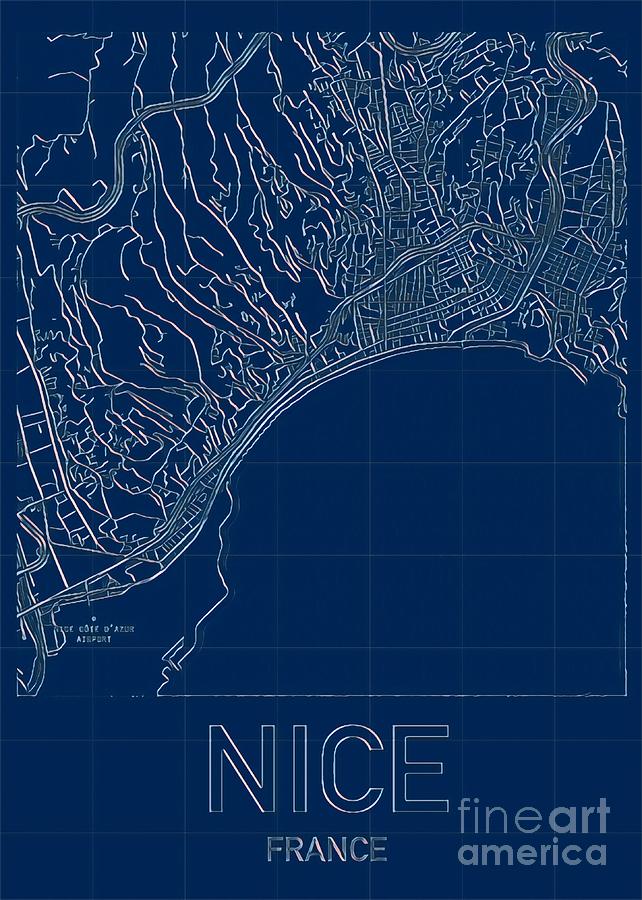 Nice  Blueprint City Map Digital Art by HELGE Art Gallery
