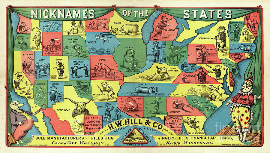 Nicknames of the States Map 1884 Photograph by Jon Neidert