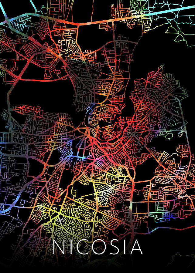 Street Map Of Cyprus Nicosia Cyprus City Watercolor Street Map Dark Mode Mixed Media 