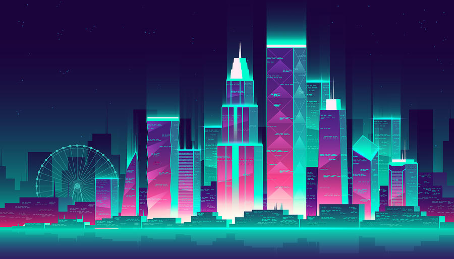 Night City In The Neon Light Drawing by Kestutis Paplauskas Pixels
