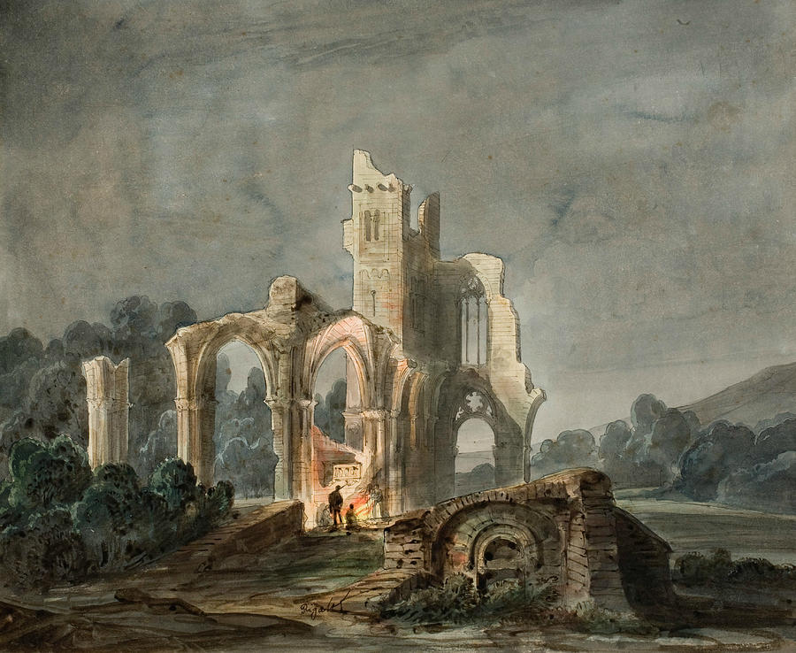 Night Landscape with Gothic Ruins Drawing by Lluis Rigalt