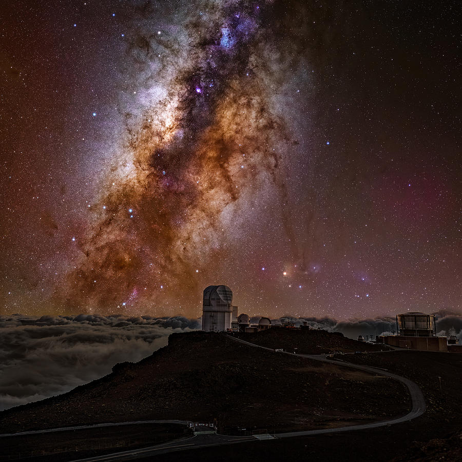 Landscape Photograph - Night, Milkyway And Observatory At Heleakala Summit by Bruce Li