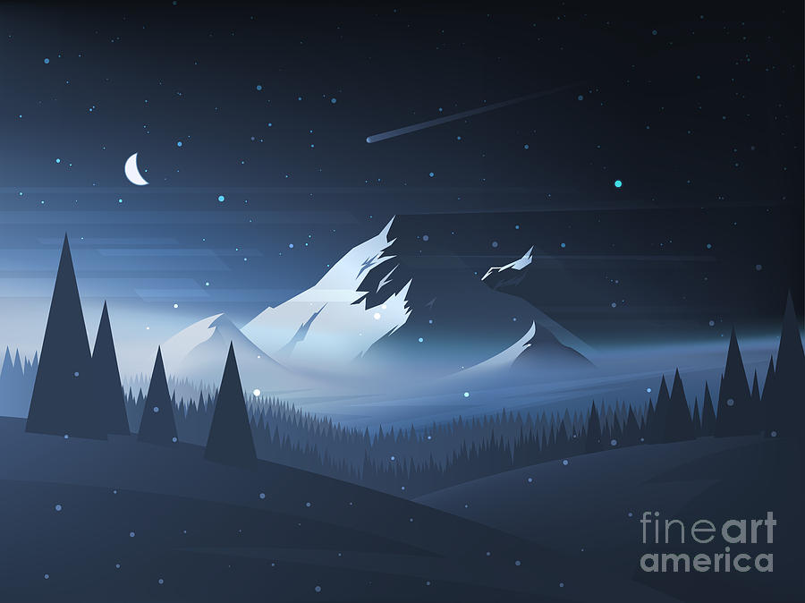 Night Mountain Winter Landscape. Vector Digital Art by Dmod