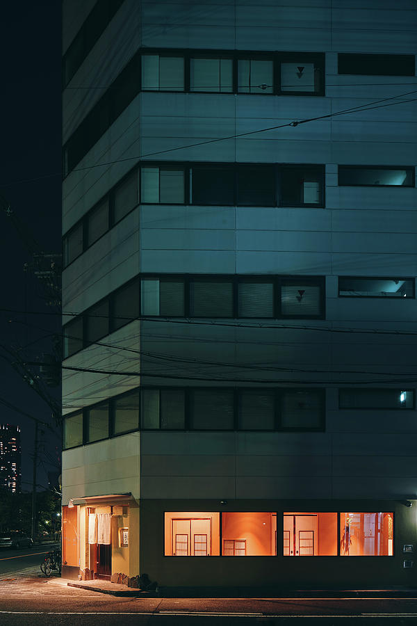 Architecture Digital Art - Night Scene Of An Apartment Building With The Ground Floor Lit Up, Osaka, Japan by Gu