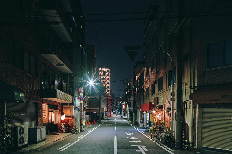 Architecture Digital Art - Night Scene Of An Empty Street, And Old Retail And Apartment Block Buildings, Osaka, Japan by Gu