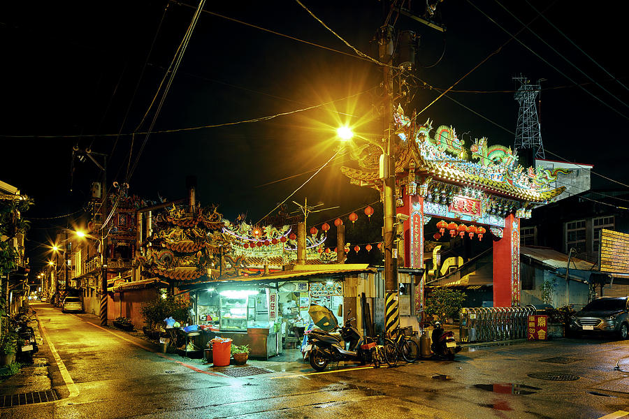 Architecture Digital Art - Night Scene Of Chinese Temple, Food Stall On Roadside, Hualien, Taiwan by Gu