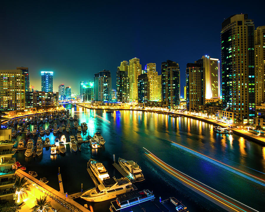 Architecture Digital Art - Night Scene Of City Skyline And Boats Moored At Harbour, Dubai by Frisco
