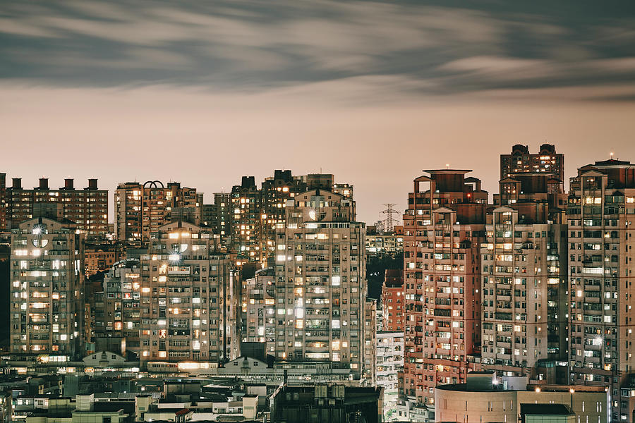 Night Scene Of Highrise Apartment Blocks, Taipei, Taiwan Digital Art By Gu