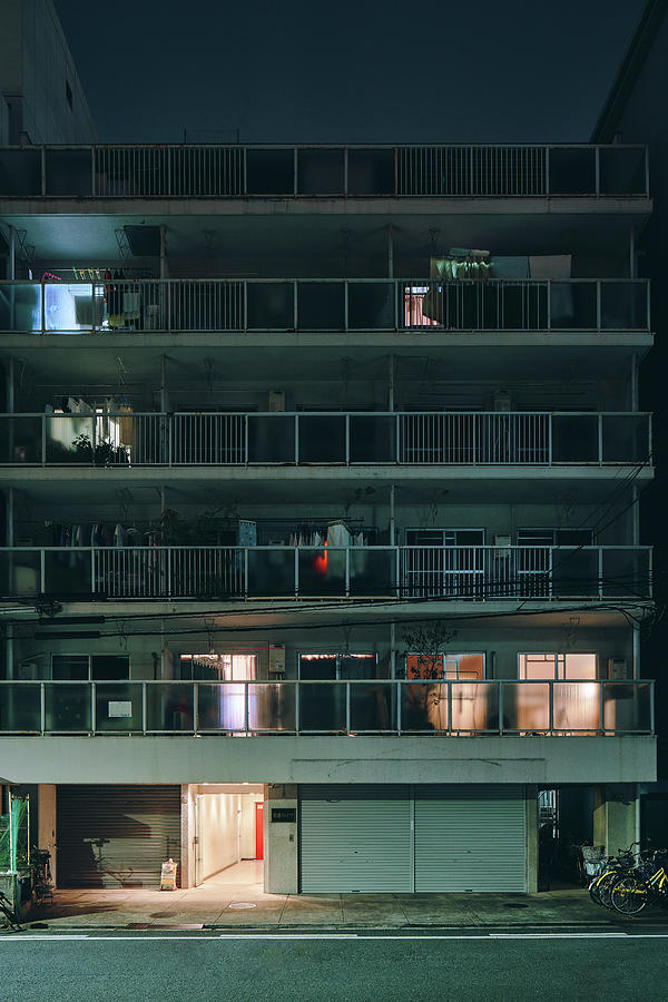 Architecture Digital Art - Night Scene Of Old Apartment Block Building, Osaka, Japan by Gu
