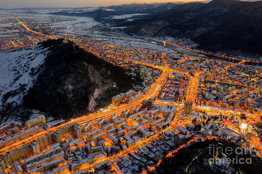 Architecture Photograph - Night scene with city lights, aerial winter scene by Cosmin-Constantin Sava