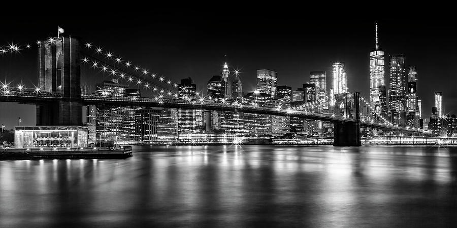 Night Skyline MANHATTAN Brooklyn Bridge bw Photograph by Melanie Viola