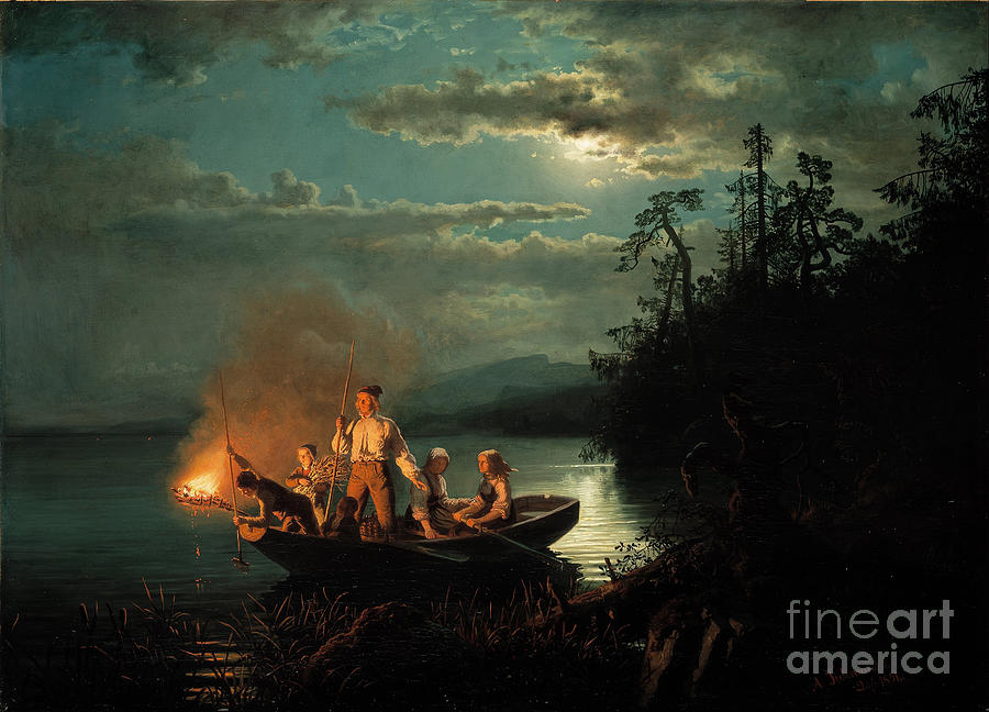 Night Spear Fishing On The Krøderen Drawing by Heritage Images