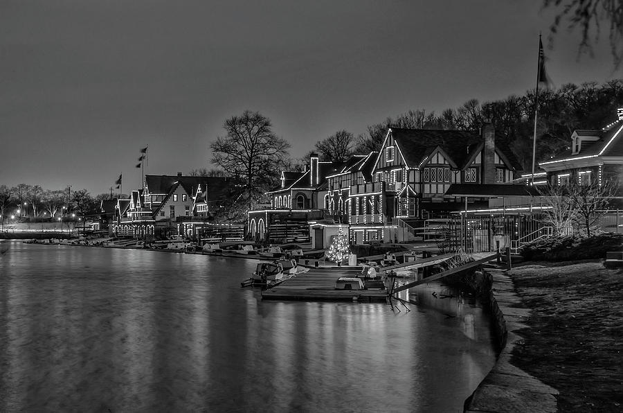 Night View - Boathouse Row - Philadelphia in Black and White Photograph by Bill Cannon