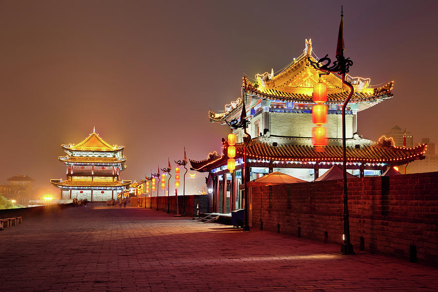 Night View Of Illuminated Xian City Photograph by Fototrav