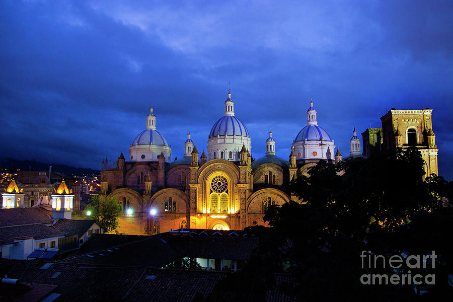 Night View Of Immaculate Conception Cathedral, Cuenca, Ecuador Photograph by Al Bourassa