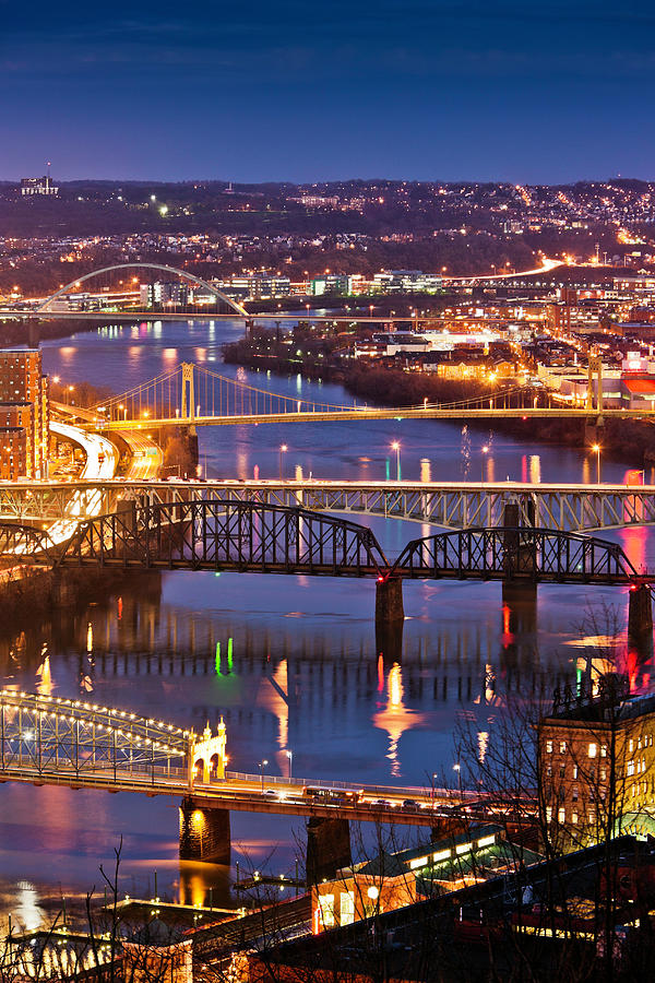 Night View Of River And Bridges Photograph by Bob Stefko Night View Of River And Bridges Photograph by Bob Stefko