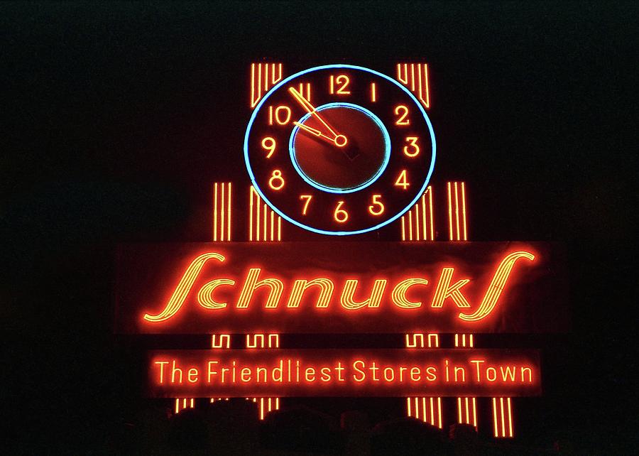 Night view of the Schnucks Neon Clock, 1989 Photograph by Dwayne Pixels