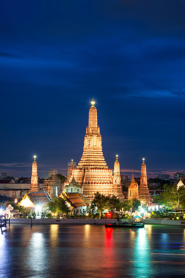 Landscape Photograph - Night View Of Wat Arun Temple And Chao by Prasit Rodphan