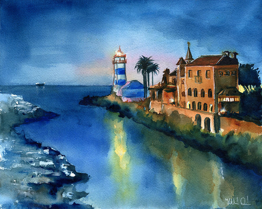 Sunset Painting - Nightfall in Cascais Portugal by Dora Hathazi Mendes