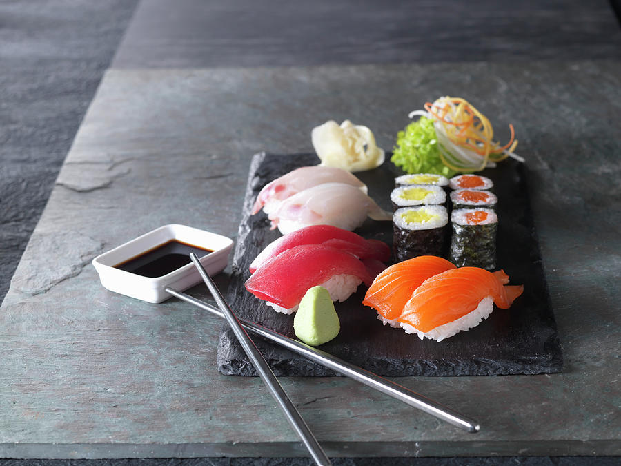 Nigiri Sushi And Maki With Wasabi, Soy Sauce And Ginger japan Photograph by Ulrike Koeb