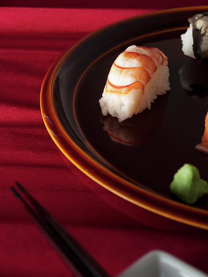 Nigiri Sushi prawn, Salmon And Wasabi Photograph by Yuichi Nishihata Photography