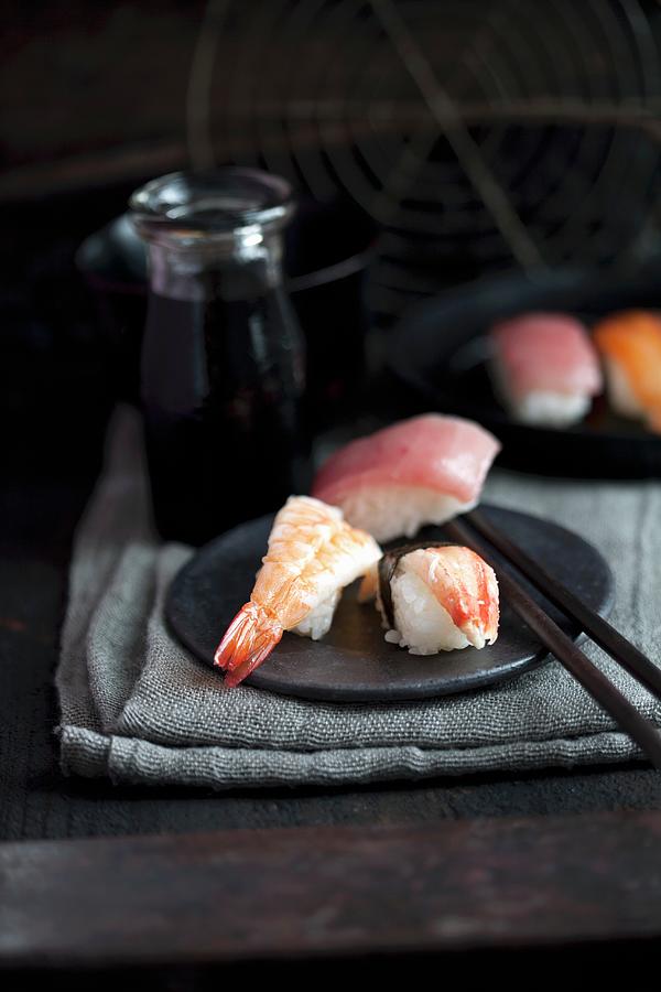 Nigiri Sushi With Prawns, Crab And Tuna Photograph by Martina Schindler