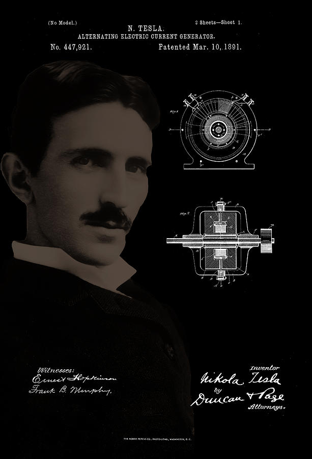 Nikola Tesla Alternating  Current Electric Generator Patent Drawing Photograph by Carlos Diaz