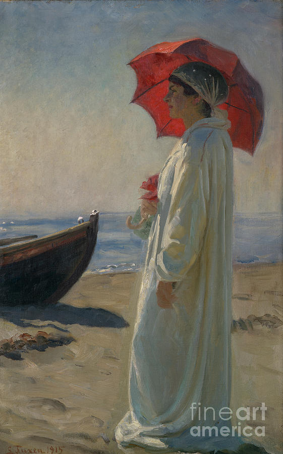 Nina the artists daughter at the beach Painting by O Vaering by Laurits Tuxen