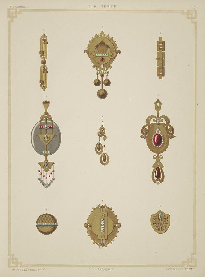 Nine Designs For Jewelry, Including Gold Brooch With Green Painting by Martin Gerlach Nine Designs For Jewelry, Including Gold Brooch With Green Painting by Martin Gerlach
