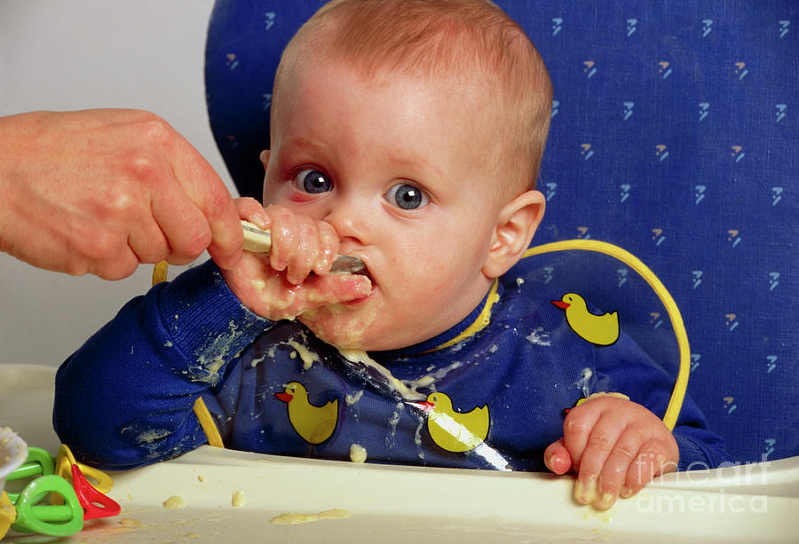 Nine-month-old Baby Eating Pureed Solid Food Photograph by Peter Yates