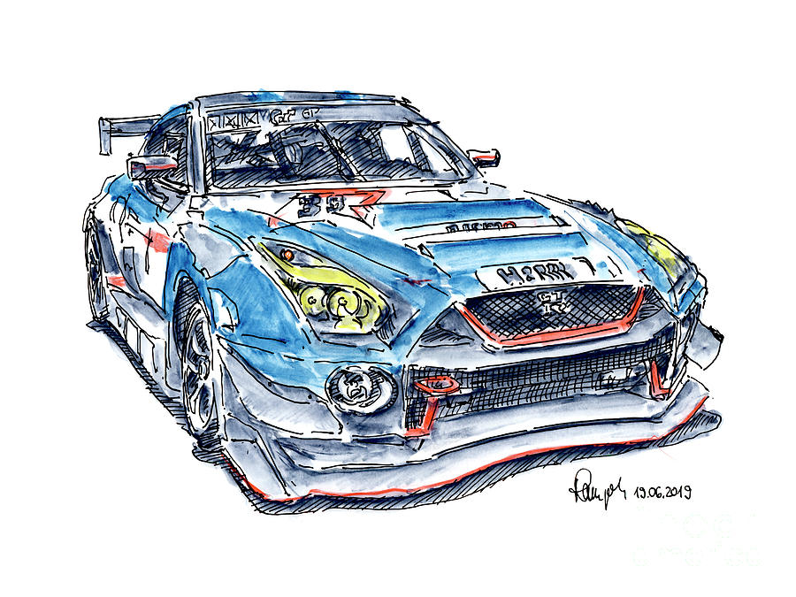 Nissan Nismo Gt-R Racecar Kcmg Racing Ink Drawing And Watercolor Drawing By Frank Ramspott