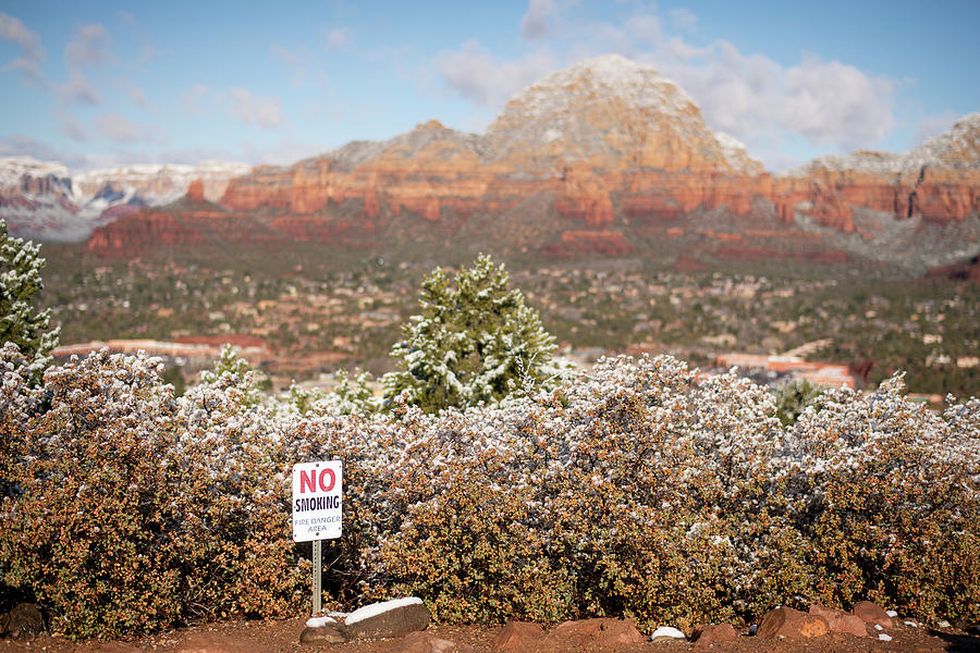 Winter Photograph - No Smoking Sign At Viewpoint Of Capital Butte In Sedona Arizona by Cavan Images